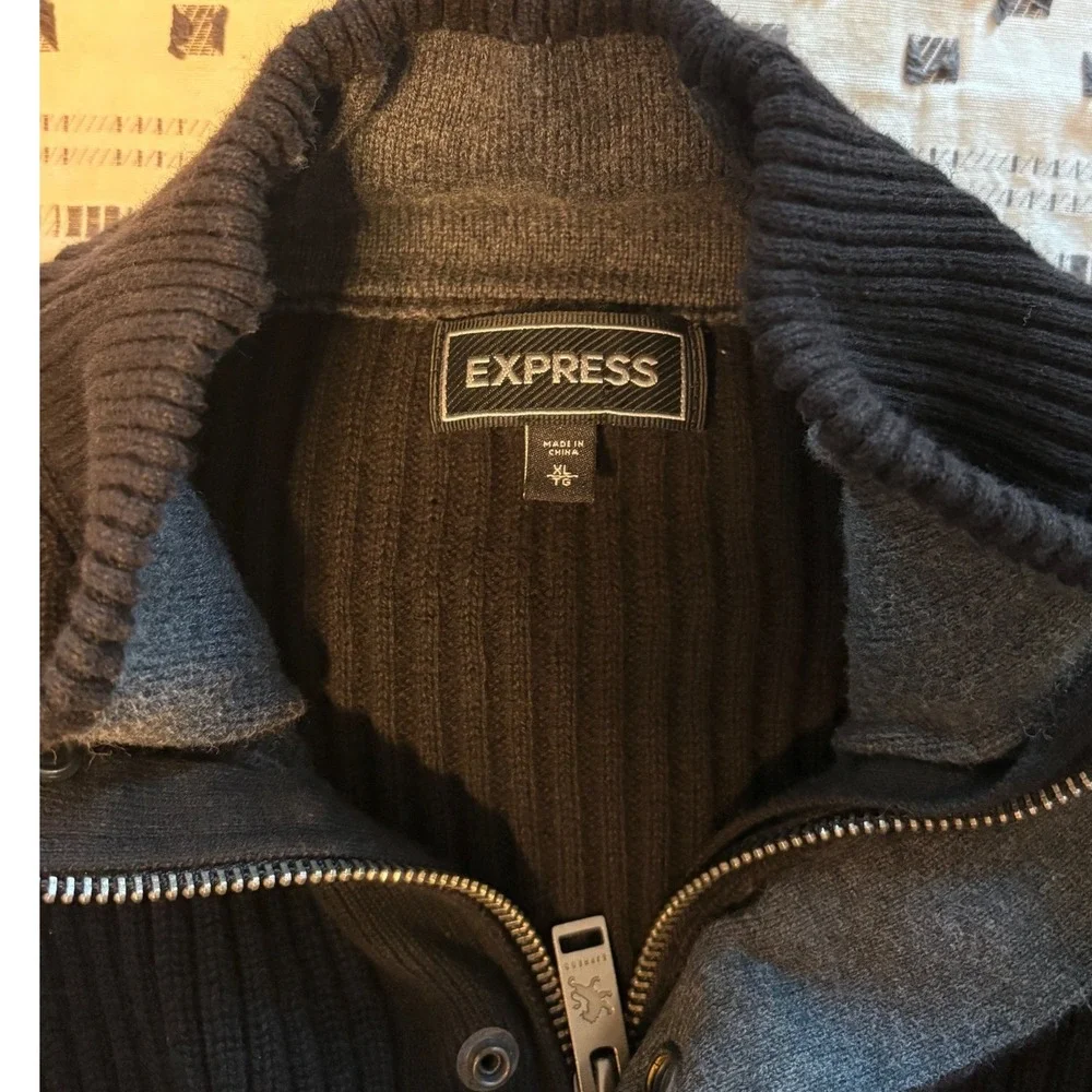 Express Mens‎ Black Ribbed Mock Neck Zip Button Front Cotton Cardigan Sweater XL